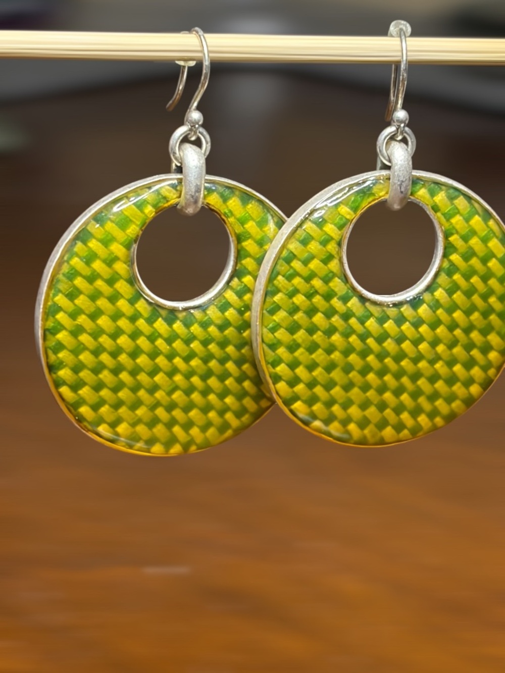 Vintage Signed LC Lauren Conrad Earrings Basketweave Lucite Dangle discs